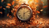 Leaves falling from a tree forming a clock face. Created with Generative AI technology
