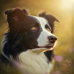 Ravishing hyper realistic digital illustration portrait of happy border collie in natural outdoor lush with flower in background as concept of modern domestic sheepdog by Generative AI.