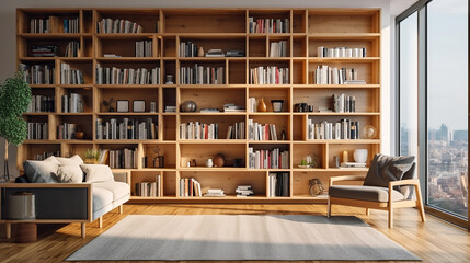 Wall Mural - Wooden bookcase in interior of modern living room. Generative Ai