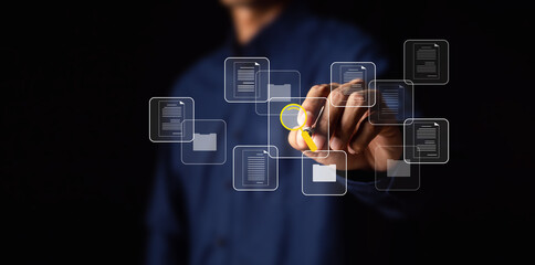 Performance checklist, businessman using checklist survey, filling out digital form checklist, take an assessment, questionnaire, evaluation, online survey, online exam.