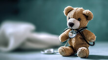 Close Up Bandaged Plush Teddy Bear With Stethoscope Device On Top Of A Glass Table. Generative Ai