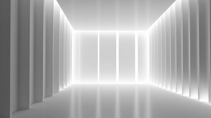  vertical white lights Blank white interior room background ,empty white walls corner and white wood floor contemporary,3D rendering