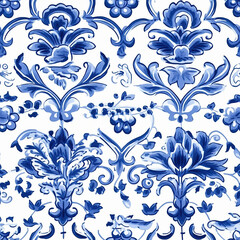 Seamless pattern in Dutch delft blue and white traditional handpainted.  Generative AI.