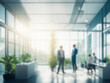 © teeraphong - Green, light blue, plants and nature backgrounds are offices in the building. It is a glass room with furniture. And there are employees standing and talking to customers. Blurred images are used for