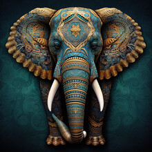 Colorful Elephant Painted With Tribal Patterns Against A Blue Textured Background,  Generative AI.