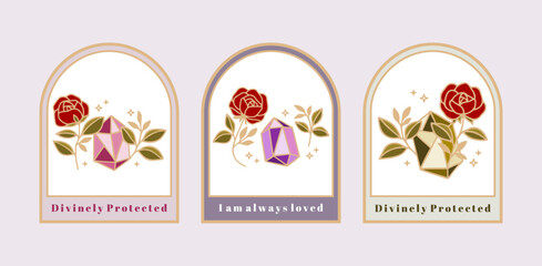 Magical crystal gemstones, rose flower, leaves, florals, and frames for manifestation journal decor, sticker, logo, label with affirmations and quotes