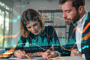 Wall Mural - Businesspeople in formal wear taking notes signing contract at office workplace. Concept of important working moments, document sign, working process, concentration. Financial charts