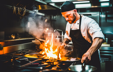 Wall Mural - Chef cooking with flame in a frying pan on a kitchen stove, Chef in restaurant kitchen at stove with pan. Generative AI