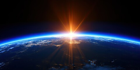 Wall Mural - Blue Earth Sunlight in Space. Global Perspective. Generative AI illustrations