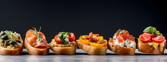 An array of diverse bruschette options, perfect for banner displays and marketing.