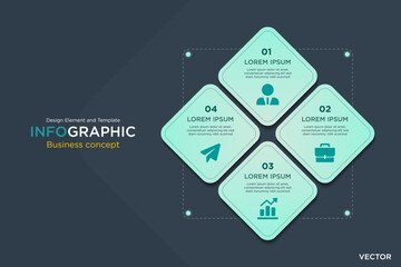 infographic business concept. Rectangular Text Box 4 Step Design Element and Template on Background Navy Dark Mode. In Vector