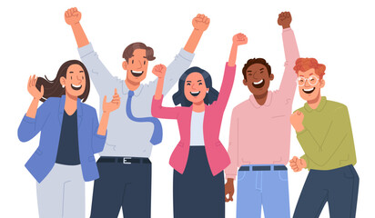 Happy business team rejoices, colleagues raised their hands up and rejoice in success and achievements