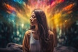 Woman meditating with colourful nature energy appearing around. Neural network generated in May 2023. Not based on any actual person, scene or pattern.