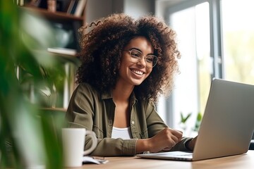 A beautiful girl with a smile on her face communicates with colleagues online, on a laptop. Generative AI