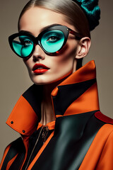 Wall Mural - Modern high fashion. Woman in orange leather coat and sunglasses posing for a magazine, fashion photography, vorticism. Generative AI, generative, AI