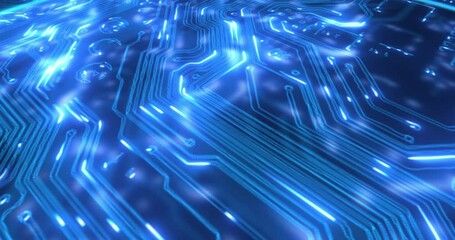 Leinwandbilder - Microchip, circuit and light for futuristic data in stream, innovation and 3d system process in information technology. Digital transformation, cloud computing and cybersecurity by black background