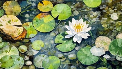 Wall Mural - water lilies, lotus in the pond, Pointillism style illustration, generative ai, digital illustration.