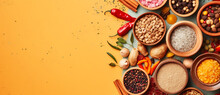 Various Spices And Seeds Of Different Kinds Against A Bright Yellow Background Generated By AI