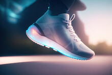 Running Sports Shoes With Flying Laces. Neon Light, Ai Generative