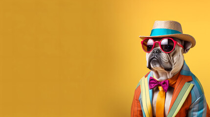 Wall Mural - Cool looking British Bulldog wearing rainbow fancy funky jacket, sunglasses and straw hat isolated on yellow background with copyspace for text. Digital illustration generative AI.