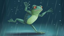 Green Frog Dancing In The Rain Generated By AI