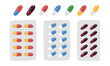 Medicine capsule clipart cartoon style. Multicolor medical pills capsules flat vector illustration hand drawn doodle style. Medical drug, vitamin, antibiotic, aspirin. Hospital and medical concept