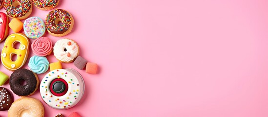 Poster - A pink background with donuts and doughnut holes created with Generative AI technology