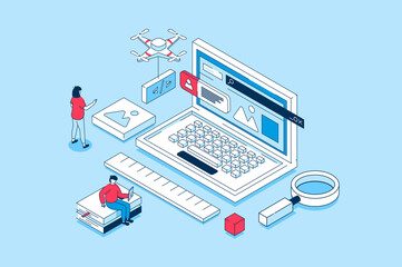 Website creating concept in 3d isometric design. People creating UI UX interface and homepages, work with code, prototyping and testing scripts. Illustration with isometry scene for web graphic
