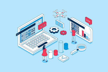DevOps concept in 3d isometric design. People working with computers, communication and collaboration agile processes on programming products. Illustration with isometry scene for web graphic