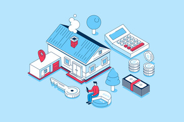 Wall Mural - mortgage investment concept in 3d isometric design. people investing money in real estate, buying ne