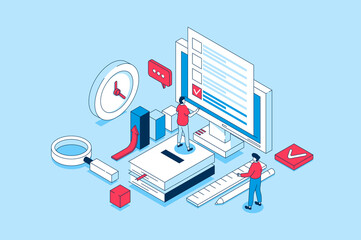 Fototapete - Online survey concept in 3d isometric design. People giving feedback and marking answer in questionnaire, voting in digital form on computer. Illustration with isometry scene for web graphic