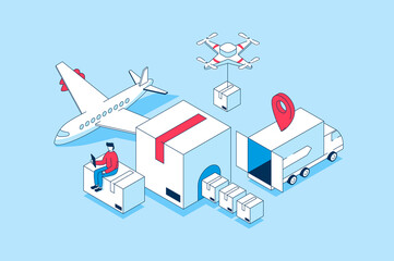 Aufkleber - Worldwide delivery concept in 3d isometric design. People using global logistic company service and receiving parcels with airmail shipping. Illustration with isometry scene for web graphic