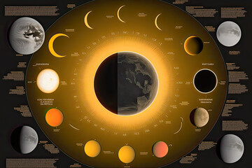 Poster - Different phases of solar eclipse. Sun Earth and Moon in a diagram - Generative AI