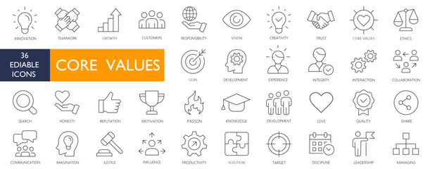 core values icons set vector illustration thin line with editable  fill on white background. teamwork, interaction, innovation, ethics, trust, growth, collaboration, yellow and blue style