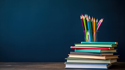 stack of books and pencils on school table against blackboard, AI Generated