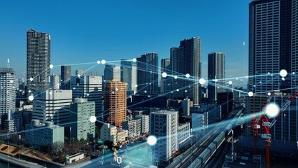 Leinwandbilder - Modern cityscape and communication network concept. Telecommunication. IoT (Internet of Things). 5G. Smart city. Composite visual with a drone point of view. Mixed media.