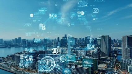 Poster - Modern cityscape and digital technology concept. Smart city. Digital transformation. Composite visual with a drone point of view. Mixed media.