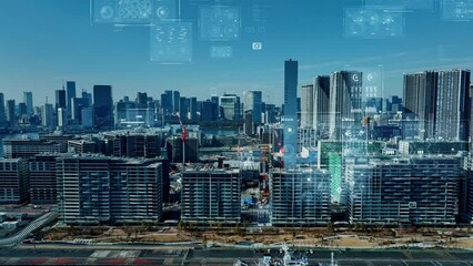 Leinwandbilder - Modern cityscape and digital technology concept. Smart city. Digital transformation. Composite visual with a drone point of view. Mixed media.
