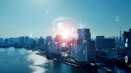 Leinwandbilder - Modern cityscape and global communication network concept. Smart city. Digital transformation. Composite visual with a drone point of view. Mixed media.