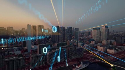 Poster - Modern cityscape and digital network concept. Telecommunication. IoT (Internet of Things). 5G. Smart city. Digital transformation. Composite visual with a drone point of view. Mixed media.