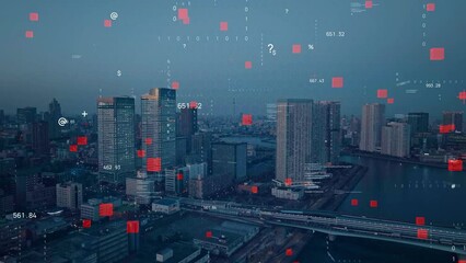Leinwandbilder - Modern cityscape and digital technology concept. Smart city. Digital transformation. Composite visual with a drone point of view. Mixed media.