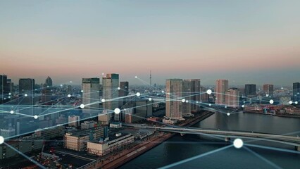 Wall Mural - Modern cityscape and communication network concept. Telecommunication. IoT (Internet of Things). 5G. Smart city. Digital transformation. Composite visual with a drone point of view. Mixed media.