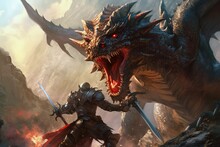 Fantasy Scene With Dragon And Knight In Battle.Generative Ai