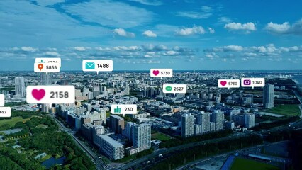 Poster - Modern cityscape and mobile app notifications concept. Social media marketing. Composite visual with a drone point of view. Mixed media.
