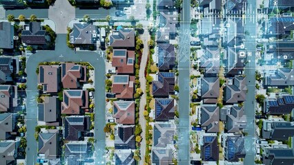 Leinwandbilder - Modern residential are and digital technology concept. IoT (Internet of Things). Smart house. Digital transformation. Composite visual with a drone point of view. Mixed media.