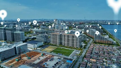 Leinwandbilder - Modern cityscape and location information concept. GPS. Global Positioning System. Navigation map. Composite visual with a drone point of view. Mixed media.