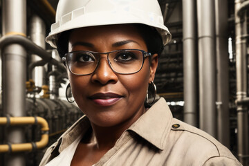 Wall Mural - Digital portrait of a senior successful confident professional female Petrochemical engineer standing in a a Chemical plant. Concept of active age. Generative AI