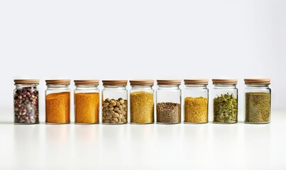 Wall Mural -  a row of glass jars filled with different types of spices.  generative ai
