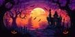 © EnelEva - halloween themed cartoon background with pumpkins, creepy ghosts, and witches, in the style of dark pink and orange