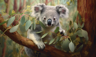 Sticker -  a painting of a koala sitting on a tree branch.  generative ai